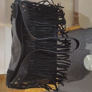 Black Fringe Leather Shoulder Bag With Suede Fringe